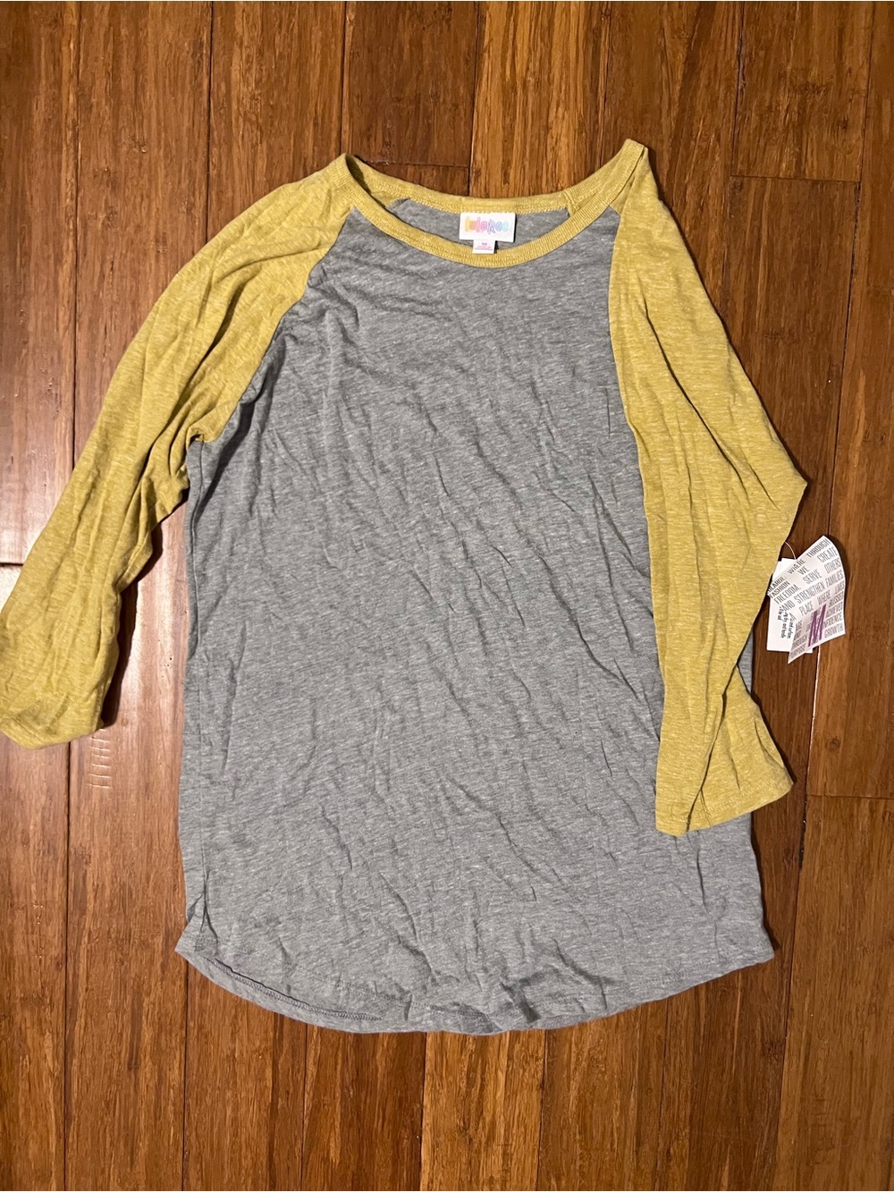 LuLaRoe Randy Blueish Grey Body with Mustard Raglan Sleeve Top